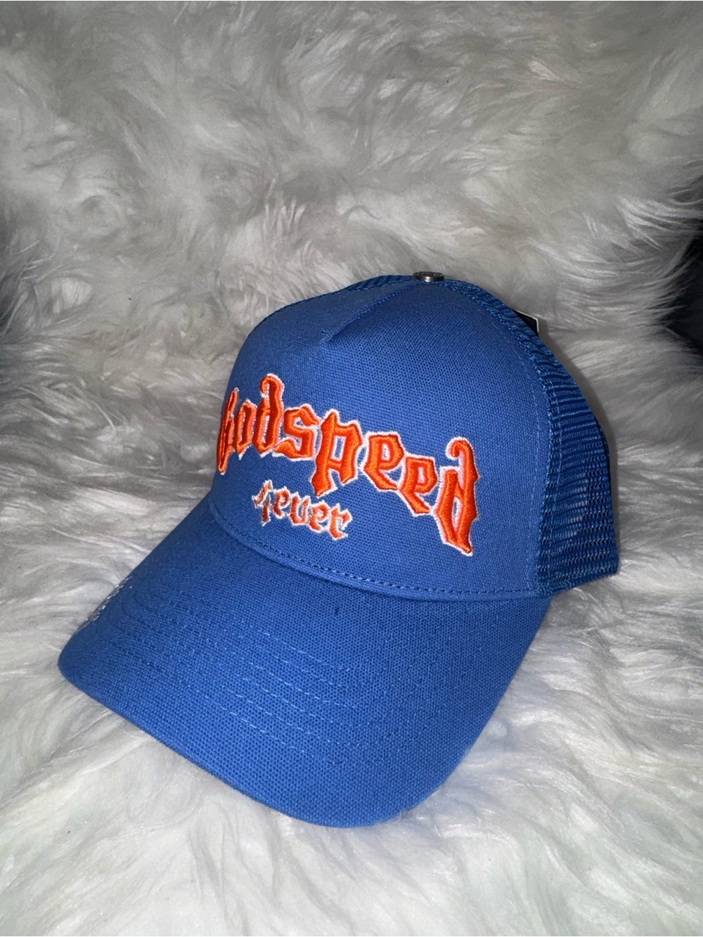 Blue 'Godspeed' Trucker Cap with Orange Embroidery
